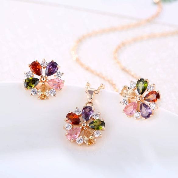 Women's Minimalist Plant Flowers Gold Plated Copper And Artificial Zircon Necklace And Earrings Set