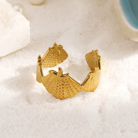Women's Minimalist Shell And Starfish Ring Stainless Steel Gold Tone Electroplated Summer Jewelry
