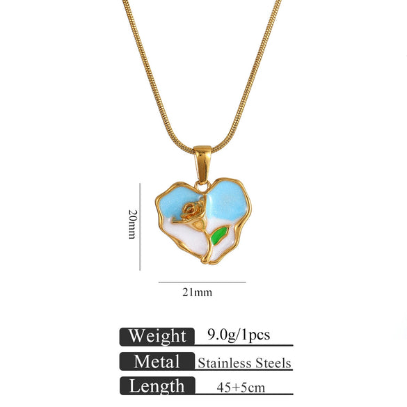 Women's Minimalist Stainless Steel And Titanium Steel Love Pendant Necklace With Snake Bone Chain And Heart Shape Dripping Oil Design