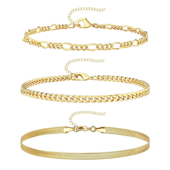 Women's Minimalist Stainless Steel Anklet Set With Geometric Snake Bone And Cuban Twist Chain Design