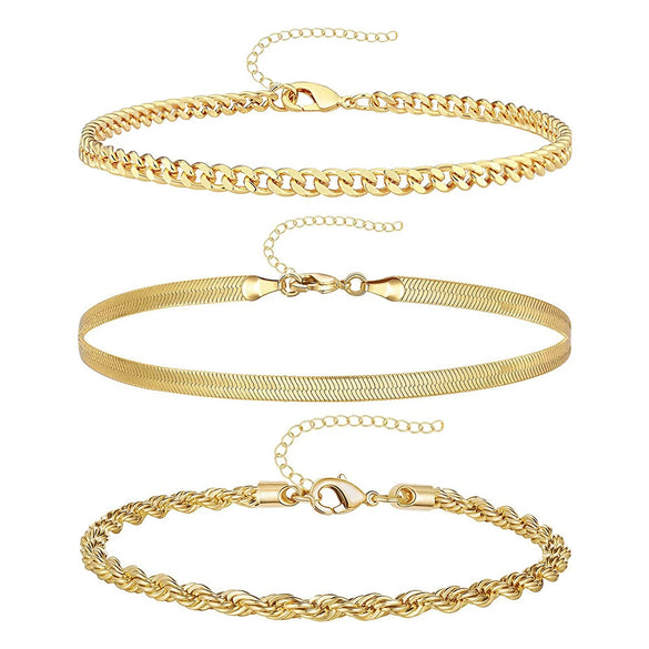 Women's Minimalist Stainless Steel Anklet Set With Geometric Snake Bone And Cuban Twist Chain Design
