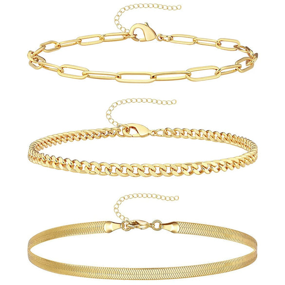 Women's Minimalist Stainless Steel Anklet Set With Geometric Snake Bone And Cuban Twist Chain Design