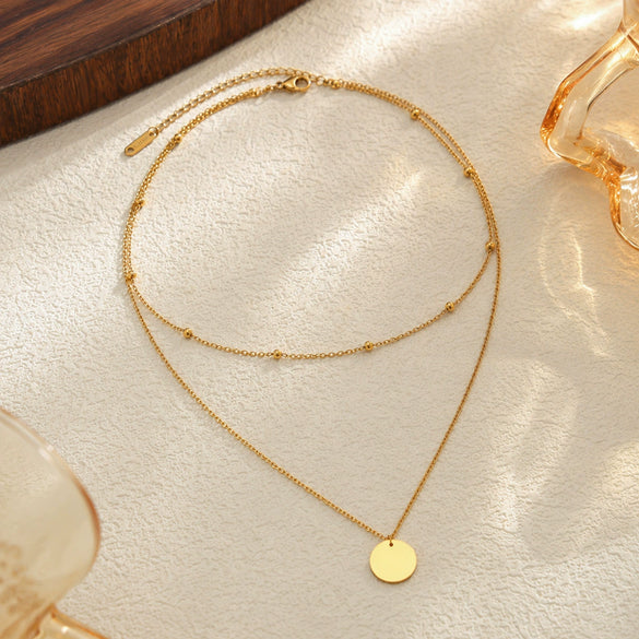 Women's Minimalist Stainless Steel Beaded Chain Necklace With Gold Plated Geometric Round Pendant Stackable Collarbone Jewelry
