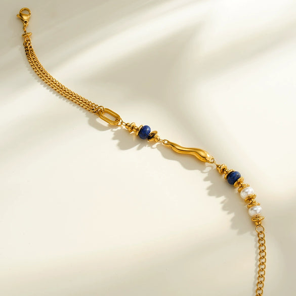 Women’s Minimalist Stainless Steel Bracelet With Pearls Natural Stones And Geometric 18K Vacuum Plated Fashion Jewelry