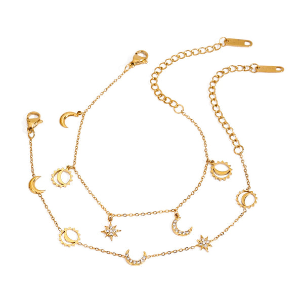 Women's Minimalist Stainless Steel Geometric Diamond Moon Star Tassel Pendant Bracelet With Electroplating