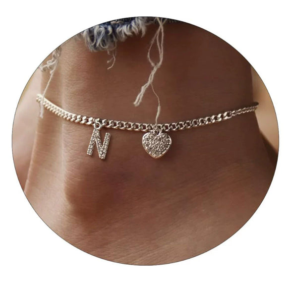 Women's Minimalist Stainless Steel Heart Shaped Letter Anklet With Heart Pendant Ankle Chain Foot Jewelry