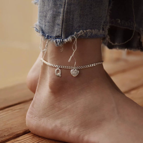 Women's Minimalist Stainless Steel Heart Shaped Letter Anklet With Heart Pendant Ankle Chain Foot Jewelry