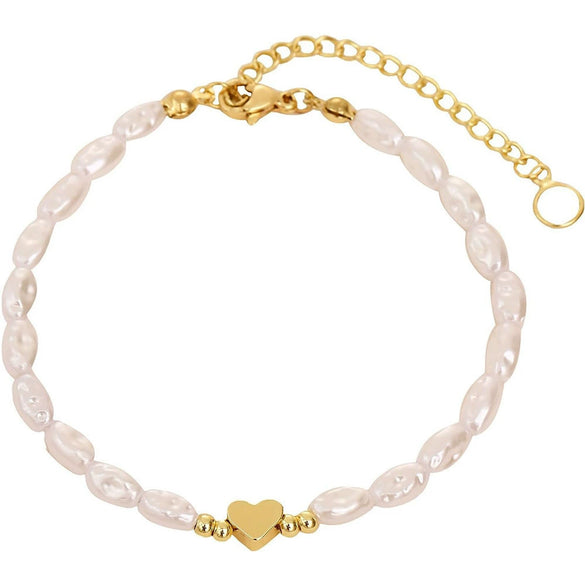 Women's Minimalist Stainless Steel Irregular Imitation Pearl Beaded Heart Bracelet With Adjustable Electroplated Design