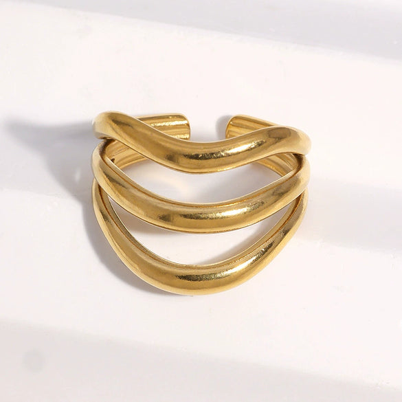 Women's Minimalist Stainless Steel Open Ring With Geometric Line Design And Gold Electroplated Finish