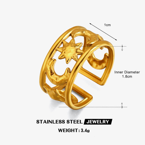 Women's Minimalist Stainless Steel Open Ring With Moon Pattern Hollow Out Double Layer Electroplated Gold Tone Design