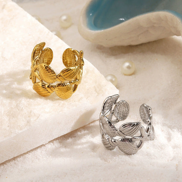 Women's Minimalist Stainless Steel Shell And Starfish Ring With Electroplated Finish Ocean Inspired Fashion Jewelry