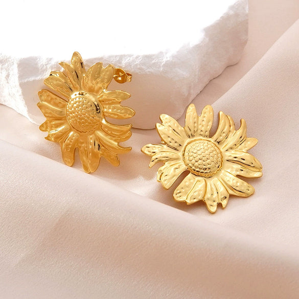 Women's Minimalist Stainless Steel Sunflower Flower Earrings Geometric Stamped Design Light Luxury Fashion Jewelry