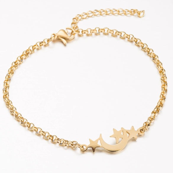 Women's Minimalist Star And Moon Bracelet In Stainless Steel With Gold Inlay Detail