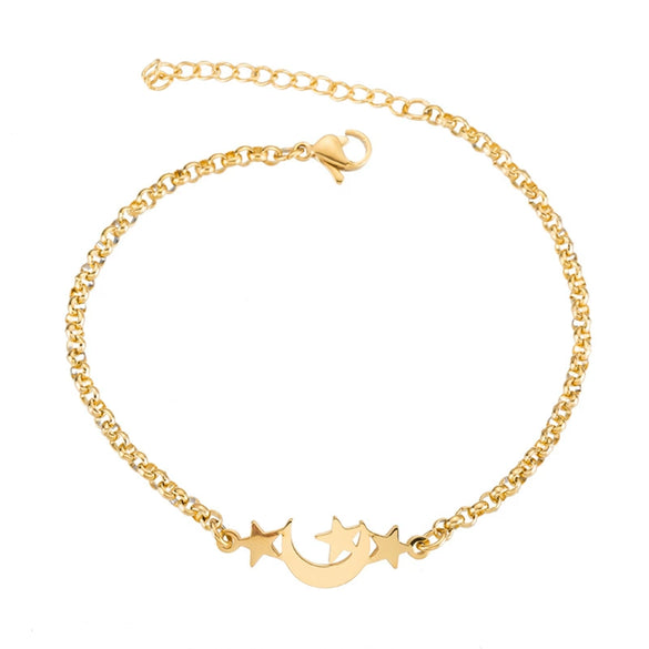 Women's Minimalist Star And Moon Bracelet In Stainless Steel With Gold Inlay Detail