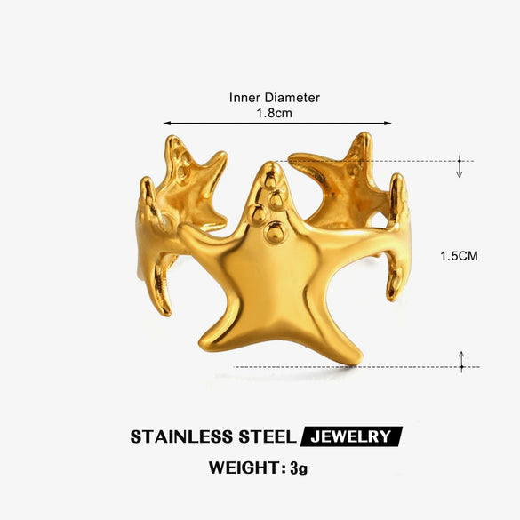 Women's Minimalist Starfish Open Ring In Gold Tone Stainless Steel With Electroplated Finish
