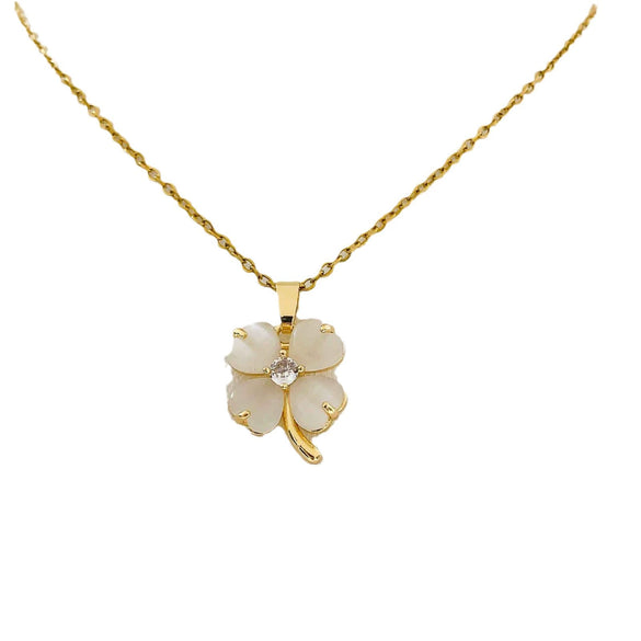 Women's Minimalist Titanium Steel Necklace With Cat's Eye And Fourleaf Clover Real Gold Plated And Enhanced Color Retention