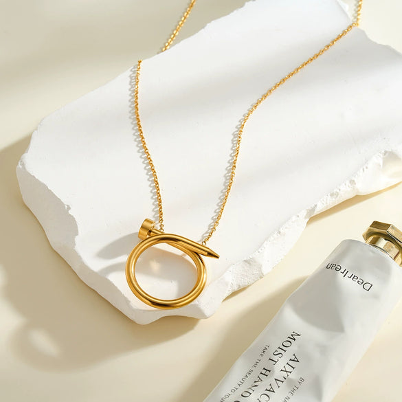 Women's Minimalist Twisted Nail Shaped Stainless Steel Necklace With 18K Vacuum Plated Geometric Pendant