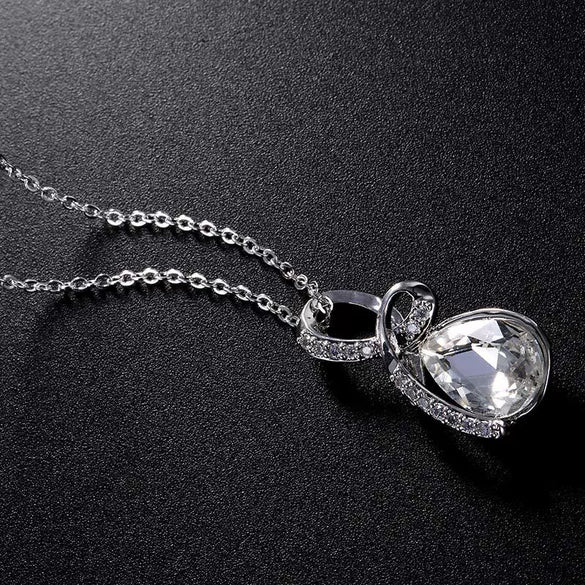 Women's Minimalist Water Drop Necklace With Blue Crystal And Zircon Inlay White Gold Electroplated Copper Pendant Box Chain