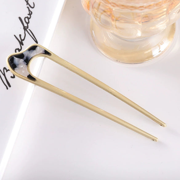 Women's Modern Minimalist Ushaped Acetate Hairpin With Frosted Metal Plate Detail Antiqueinspired Hair Accessory