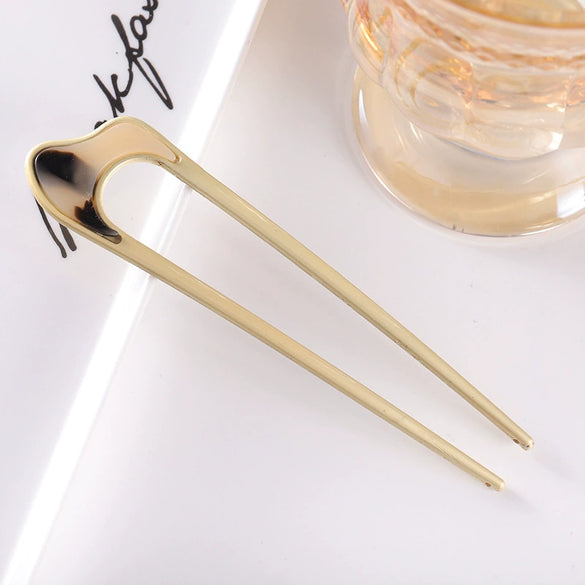 Women's Modern Minimalist Ushaped Acetate Hairpin With Frosted Metal Plate Detail Antiqueinspired Hair Accessory