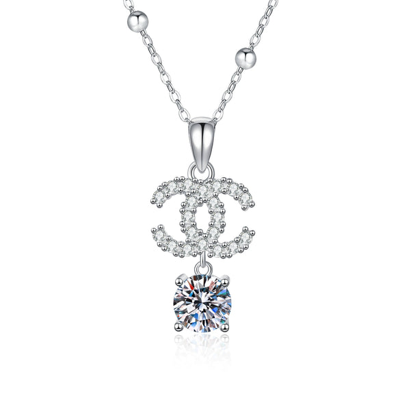Women's Moissanite Necklace With S925 Sterling Silver Bead And Cross Chain Double C Pendant Set With Diamonds Letter Number Text Pattern