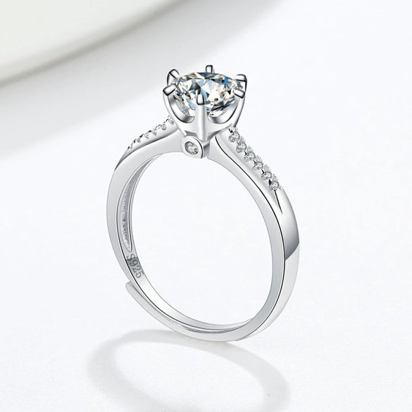 Women's Moissanite Ring In S925 Silver Geometric Single Row Six Claw Engagement Ring With Electroplated Finish