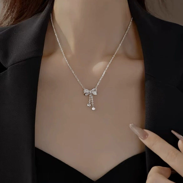 Women's Moissanite 925 Silver Bow Tassel Pendant Cross Chain Highend Electroplated Necklace