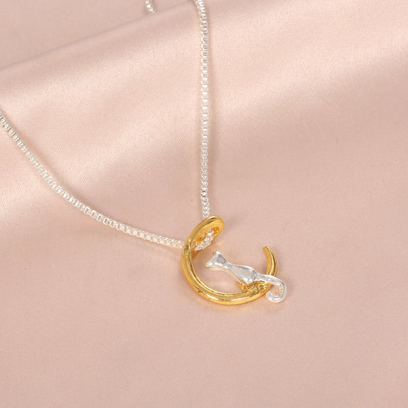 Women's Moon Cat Alloy Necklace With Mixed Gemstone Inlay And Electroplating