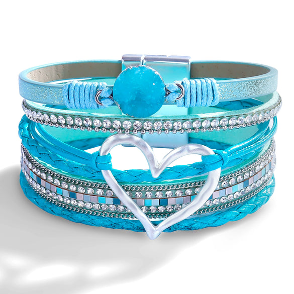 Women's Multi Layer Artificial Leather Bracelet With Magnetic Buckle Electroplated Heart And Geometric Full Rhinestone Wide Edge Design