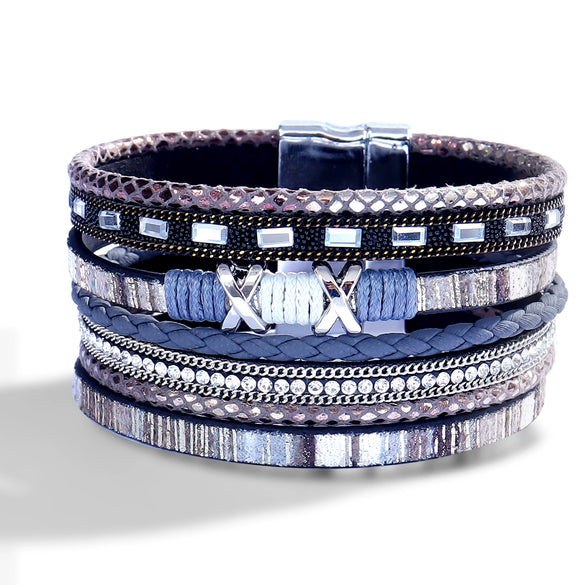 Women's Multi Layer Artificial Leather Bracelet With Magnetic Buckle Electroplated Heart And Geometric Full Rhinestone Wide Edge Design