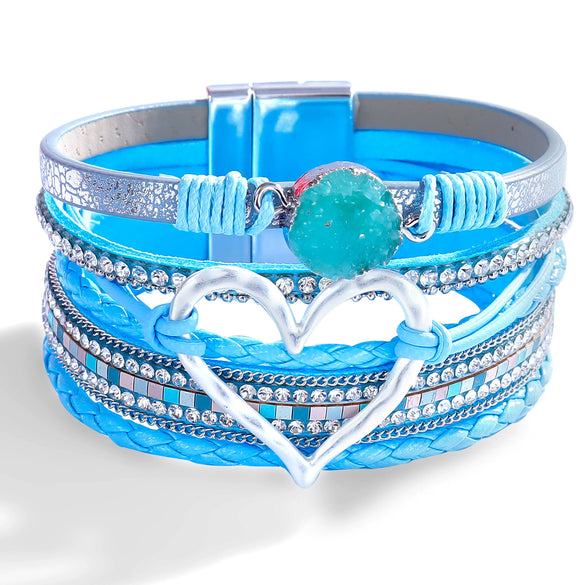 Women's Multi Layer Artificial Leather Bracelet With Magnetic Buckle Electroplated Heart And Geometric Full Rhinestone Wide Edge Design