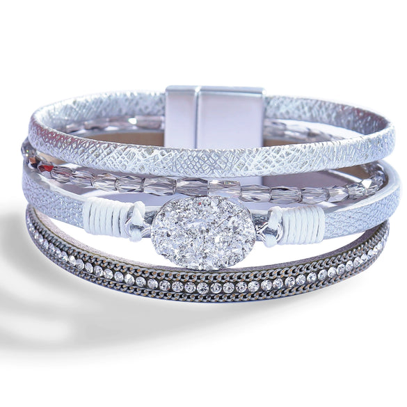 Women's Multi Layer Artificial Leather Bracelet With Magnetic Buckle Electroplated Heart And Geometric Full Rhinestone Wide Edge Design
