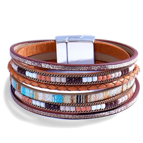 Women's Multi Layer Artificial Leather Bracelet With Magnetic Buckle Electroplated Heart And Geometric Full Rhinestone Wide Edge Design