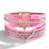 Women's Multi Layer Artificial Leather Bracelet With Magnetic Buckle Electroplated Heart And Geometric Full Rhinestone Wide Edge Design