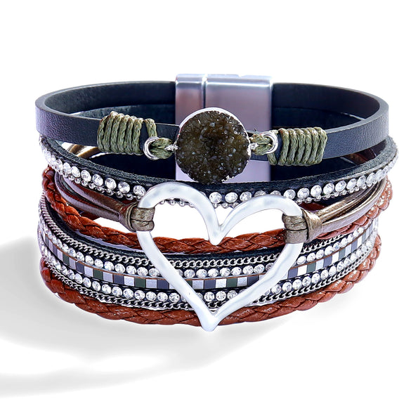 Women's Multi Layer Artificial Leather Bracelet With Magnetic Buckle Electroplated Heart And Geometric Full Rhinestone Wide Edge Design