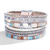 Women's Multi Layer Artificial Leather Bracelet With Magnetic Buckle Electroplated Heart And Geometric Full Rhinestone Wide Edge Design