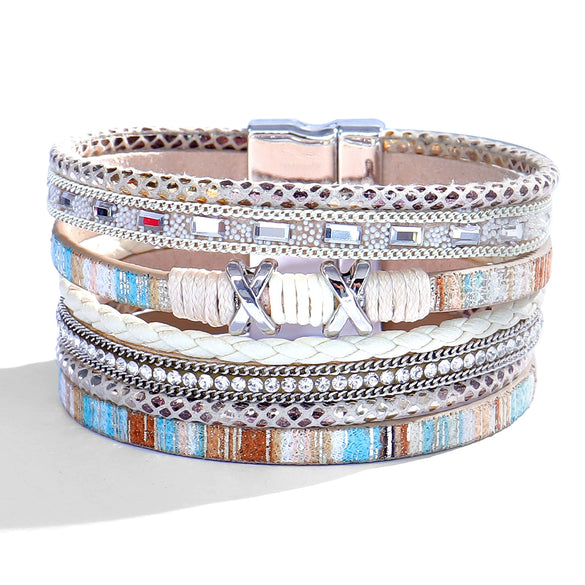 Women's Multi Layer Artificial Leather Bracelet With Magnetic Buckle Electroplated Heart And Geometric Full Rhinestone Wide Edge Design