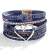 Women's Multi Layer Artificial Leather Bracelet With Magnetic Buckle Electroplated Heart And Geometric Full Rhinestone Wide Edge Design