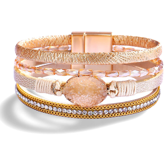 Women's Multi Layer Artificial Leather Bracelet With Magnetic Buckle Electroplated Heart And Geometric Full Rhinestone Wide Edge Design