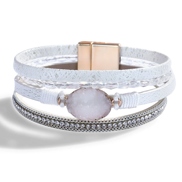 Women's Multi Layer Artificial Leather Bracelet With Magnetic Buckle Electroplated Heart And Geometric Full Rhinestone Wide Edge Design
