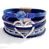 Women's Multi Layer Artificial Leather Bracelet With Magnetic Buckle Electroplated Heart And Geometric Full Rhinestone Wide Edge Design