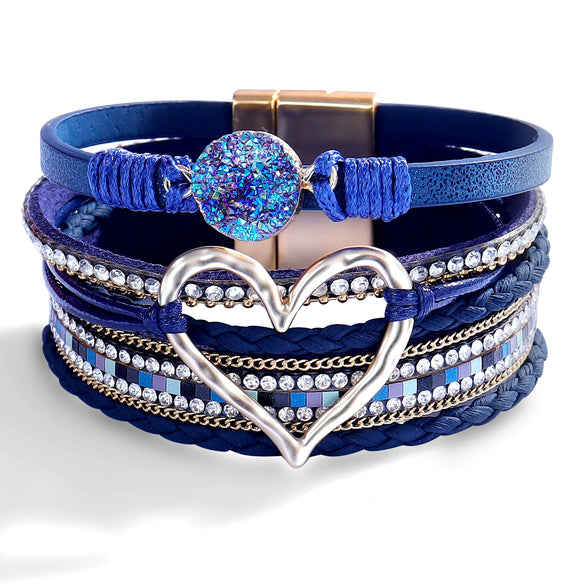 Women's Multi Layer Artificial Leather Bracelet With Magnetic Buckle Electroplated Heart And Geometric Full Rhinestone Wide Edge Design