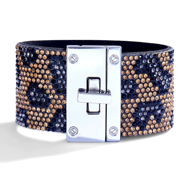 Women's Multi Layer Artificial Leather Bracelet With Magnetic Buckle Electroplated Heart And Geometric Full Rhinestone Wide Edge Design