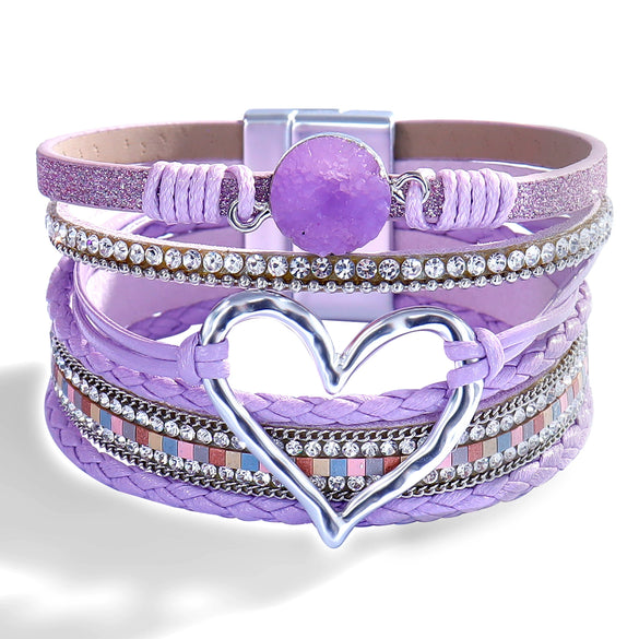 Women's Multi Layer Artificial Leather Bracelet With Magnetic Buckle Electroplated Heart And Geometric Full Rhinestone Wide Edge Design