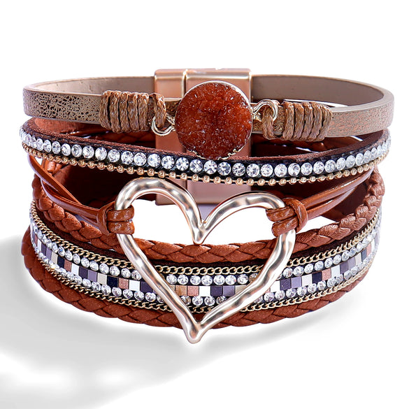 Women's Multi Layer Artificial Leather Bracelet With Magnetic Buckle Electroplated Heart And Geometric Full Rhinestone Wide Edge Design