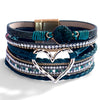 Women's Multi Layer Artificial Leather Bracelet With Magnetic Buckle Electroplated Heart And Geometric Full Rhinestone Wide Edge Design