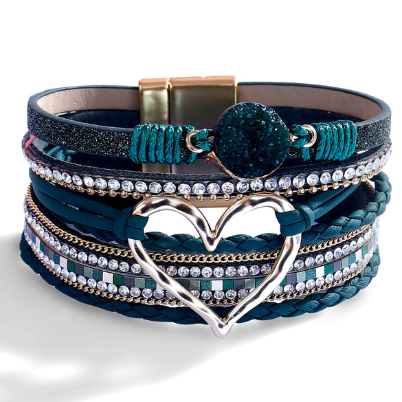 Women's Multi Layer Artificial Leather Bracelet With Magnetic Buckle Electroplated Heart And Geometric Full Rhinestone Wide Edge Design
