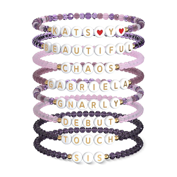 Women's Multi Layer Elastic Beaded Bracelet Set With Geometric Letter Pendant Purple Simple Style