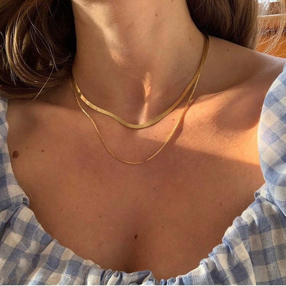 Women's Multi Layer Gold Tone Alloy Snake Bone Chain Necklace Retro Geometric Clavicle Necklace With Electroplated Letter Text Style