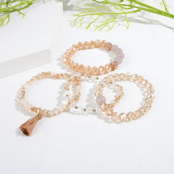 Women's Multilayer Beads Bracelet Set With Bohemian Tassel Pendant And Geometric Style
